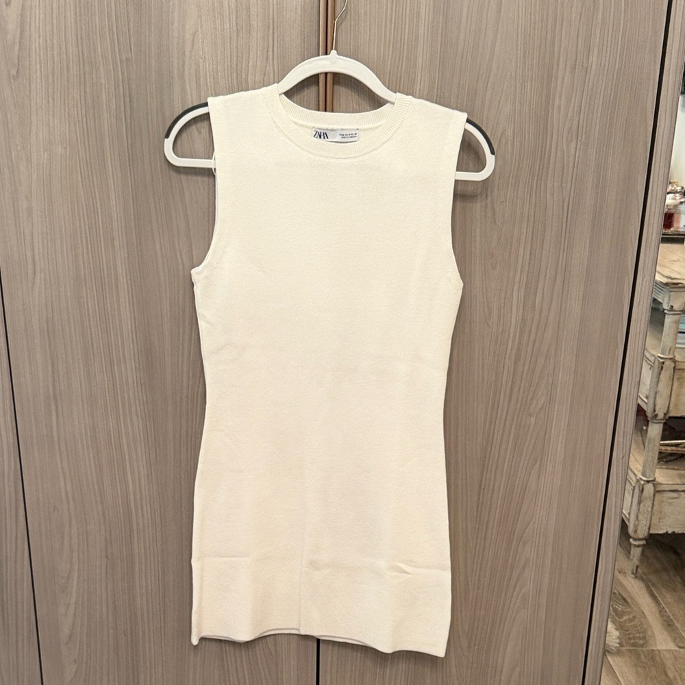 Zara Cream Ribbed Knit Crewneck Mini Dress